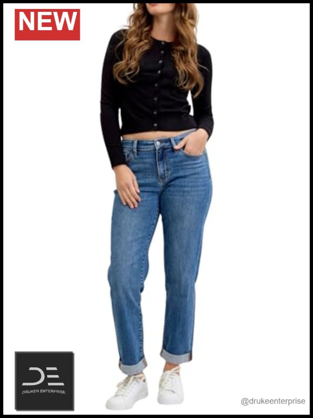 Mid Rise Boyfriend Jeans with Embroidered Cuffs Cotton Blend